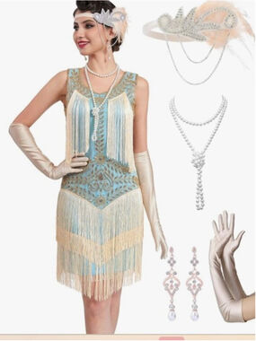 Vintage-Inspired Blue & Cream Fringe Flapper Dress - XL
